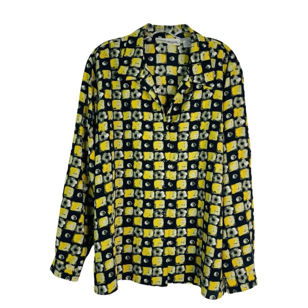 Vintage yellow black floral button front lightweight shirt top 18W